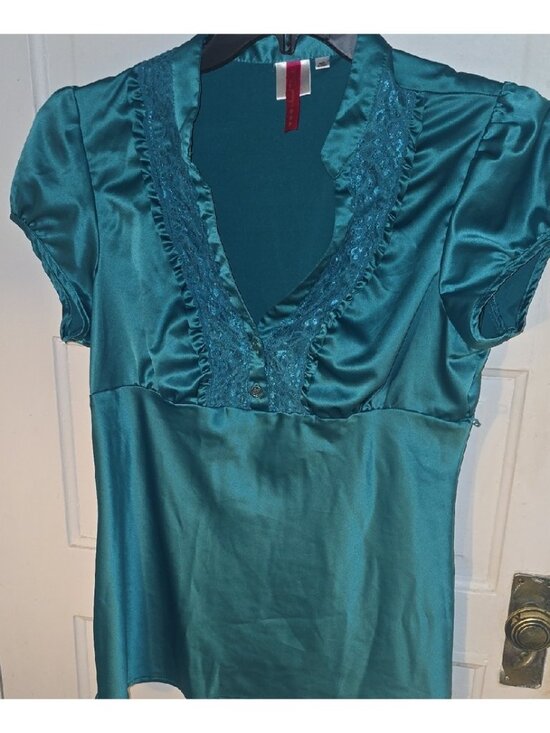 Tops - Satin Teal V-Neck Blouse with Lace Trim